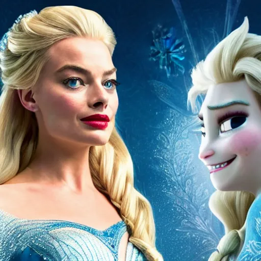 Image similar to Margot Robbie as Elsa in disney frozen live action, 8k full HD photo, cinematic lighting, anatomically correct, oscar award winning, action filled, correct eye placement,