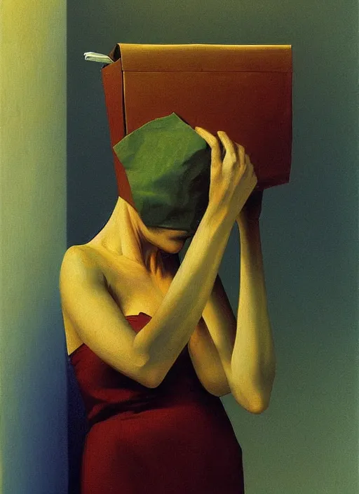 Image similar to woman with a paper bag over the head and a sward Edward Hopper and James Gilleard, Zdzislaw Beksinski, Steven Outram highly detailed