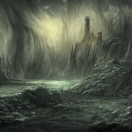 Image similar to landscape in hell, river styx, ruins, fortresses, dark, hellscape, digital art