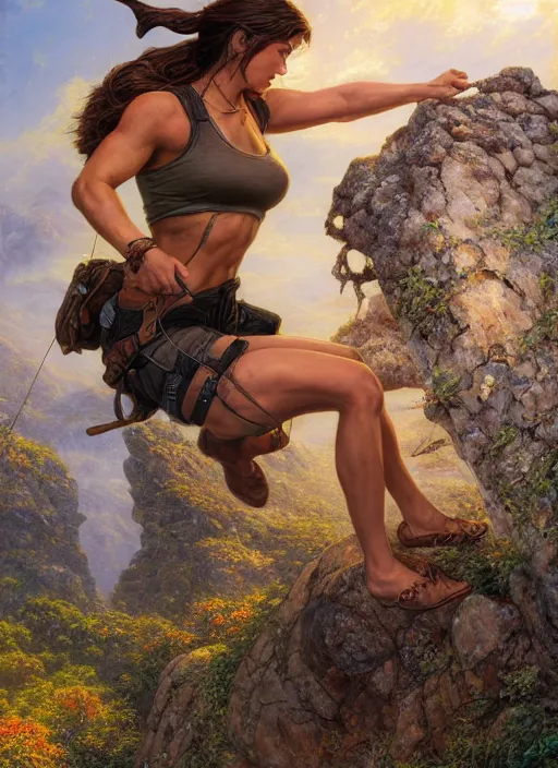 Image similar to Lara Croft climbing a rock, golden hour, Lilia Alvarado, Sophie Anderson, Mark Arian, Bob Byerley, Charlie Bowater, Mark Brooks, Steve Henderson, Justin Gerard, Arthur Hughes, Edward Robert Hughes, Mark Keathley, Victor Nizovtsev, Carlos Shwabe, Ross Tran, WLOP