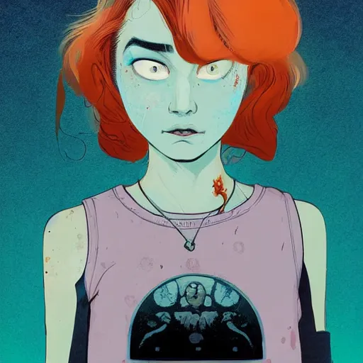 Image similar to Highly detailed portrait of pretty punk zombie young lady with, freckles and beautiful hair by Atey Ghailan, by Loish, by Bryan Lee O'Malley, by Cliff Chiang, inspired by image comics, inspired by graphic novel cover art, inspired by papergirls !! Gradient color scheme ((grafitti tag brick wall background)), trending on artstation