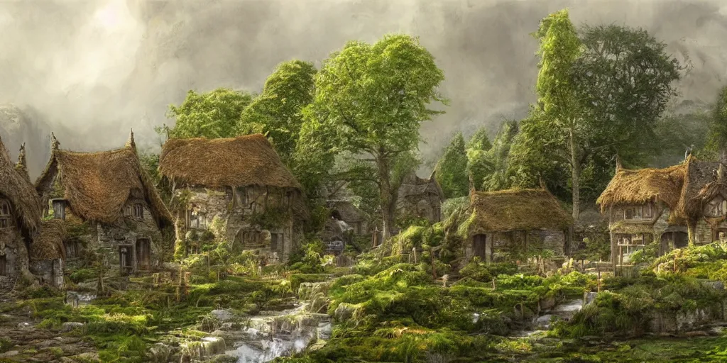 Image similar to a small serene fantasy village on the edge of the woods, by alan lee, lord of the rings, smooth, detailed terrain, oil painting, matte painting, concept art, trending on artstation