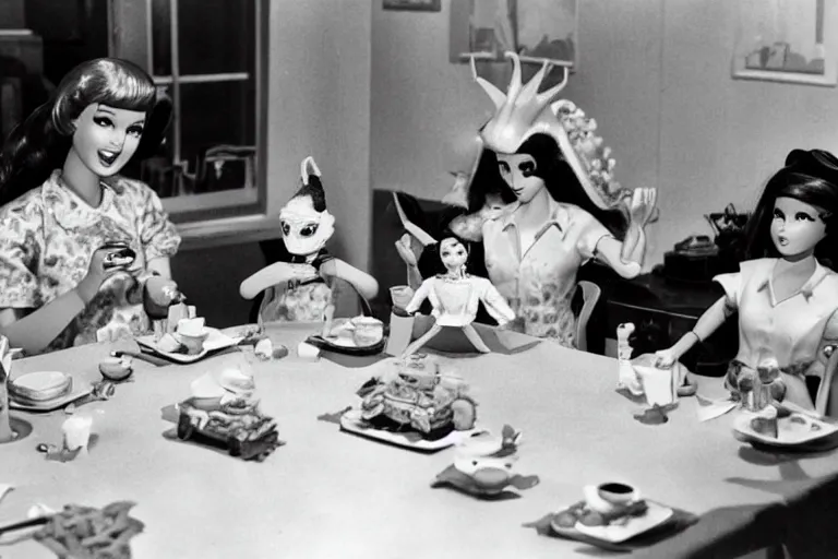 Image similar to Godzilla tea party with Barbie, plastic barbie doll, 1956 claymation godzilla