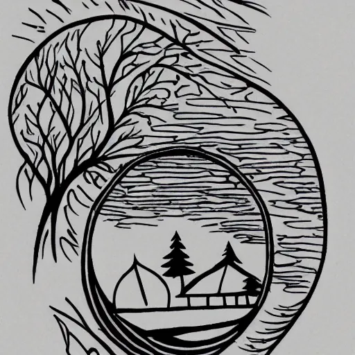 Prompt: simple line art tattoo design of a campsite, tent, trees, moon, fire, zaya, mük Jung