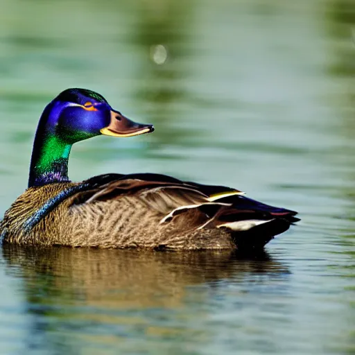 Prompt: photo of a mallard with a gold necklace