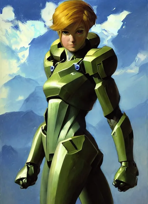 Image similar to Greg Manchess painting of Samus from Metroid Prime wearing Forerunner Armor from Halo, countryside, calm, fantasy character portrait, dynamic pose, above view, sunny day, thunder clouds in the sky, artwork by Jeremy Lipkin and Giuseppe Dangelico Pino and Michael Garmash and Rob Rey, very coherent asymmetrical artwork, sharp edges, perfect face, simple form, 100mm