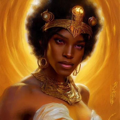 Image similar to young black woman, goddess of light, long flowing hair, smug expression, highly detailed painting by gaston bussiere, craig mullins, j. c. leyendecker 8 k