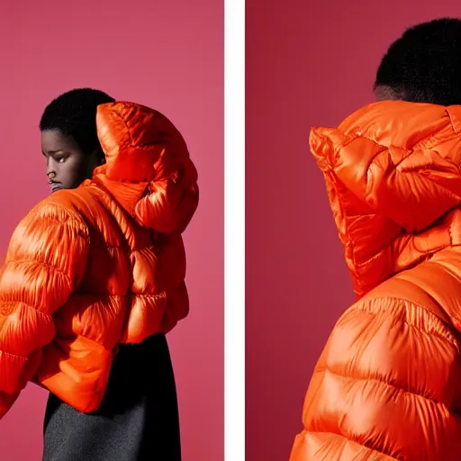 Image similar to realistic photoshooting for a new issey miyake lookbook, color film photography, portrait of a beautiful woman, model is wearing a asymetrical puffer jacket, photo in style of tyler mitchell, 3 5 mm,