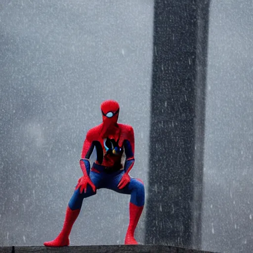 Image similar to spider - man perched next to batman on top of a building with rain pouring down