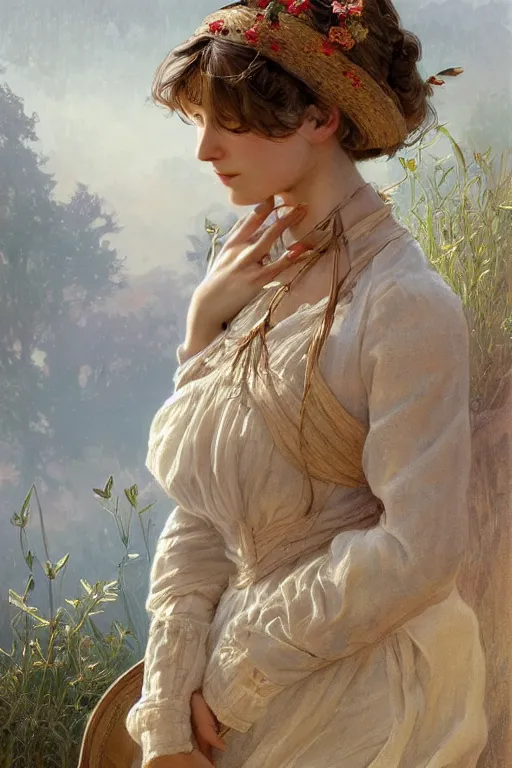 Image similar to beautiful cottagecore peasant maiden, intricate, elegant, highly detailed, digital painting, artstation, concept art, smooth, sharp focus, illustration, art by artgerm and greg rutkowski and alphonse mucha