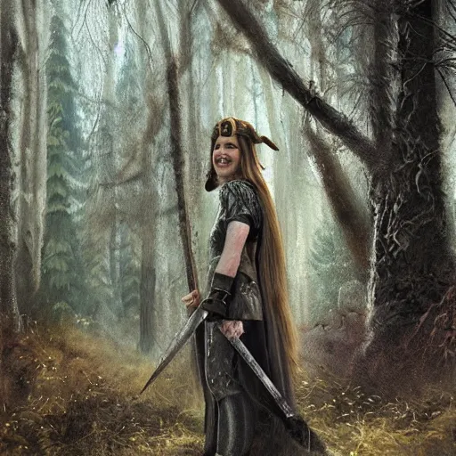 Image similar to a smiling viking shadow behind her a blurred forest, detailed and realistic painting, atmosphere, dynamic, expressions, cinematic