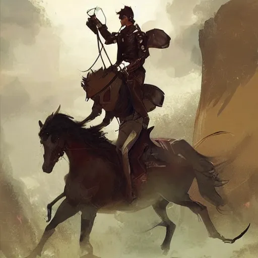 Prompt: a rider on the back of a horse, a storybook illustration by krenz cushart and phil hale, pixiv contest winner, fantasy art, official art, concept art, storybook illustration. detailed masterpiece.