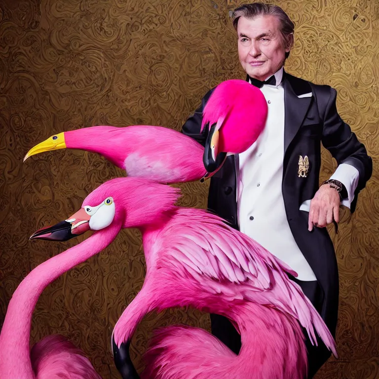 Image similar to high fashion photoshoot octane render portrait by wayne barlow and carlo crivelli and glenn fabry, a distinguished actor wearing a colorful wes anderson designed uniform and holding an irritated pink flamingo inside a high - end exotic colorful pastel vintage boutique hotel lounge, very short depth of field, bokeh