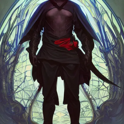 Image similar to character concept, wide angle, full body, symmetrical head - on centralized, young man with dark ninja clothes. detailed, high quality, dynamic lightning, fantasy, scenematic. artwork by artgerm, wlop, alex ross, greg rutknowski, alphonse mucha