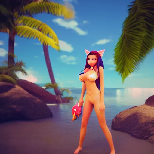 Image similar to beautiful render of pool party Ahri (wild rift) looking at the horizon in a hawaii beach, 3d, octane render, realistic, highly detailed, trending on artstation