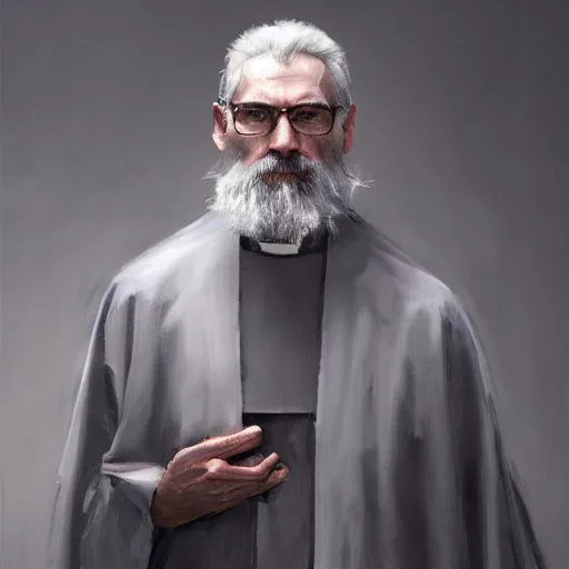 Image similar to An oil painting of a man dressed in priest robes, 50 years old, short grey hair, trimmed beard, sharp facial features, beautiful, highly detailed, by Cédric Peyravernay, by greg rudkowski, trending on artstation