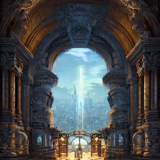 Image similar to carved futuristic gateway at the end of ancient ornate steps with a large wide window to a city which details the vast architectural scientific ancient and cultural achievements of humankind, magical atmosphere, molecules and machines, renato muccillo, jorge jacinto, damian kryzwonos, ede laszlo, highly detailed digital art, cinematic blue and gold