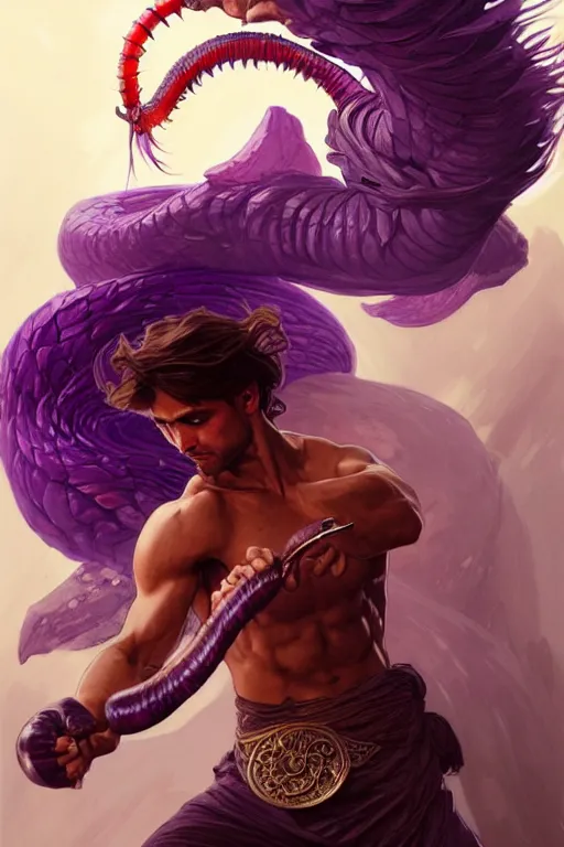 Prompt: male fighter fighting a purple worm, fantasy, amber eyes, face, long hair, intricate, elegant, highly detailed, digital painting, artstation, concept art, smooth, sharp focus, illustration, art by artgerm and greg rutkowski and alphonse mucha