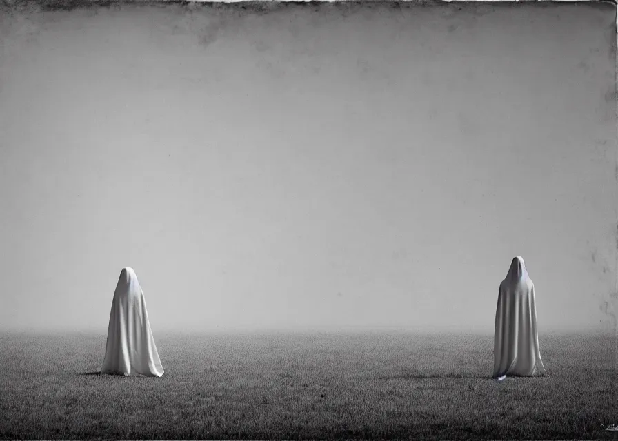 Image similar to white sheet ghost standing in an empty field, by jean charlot