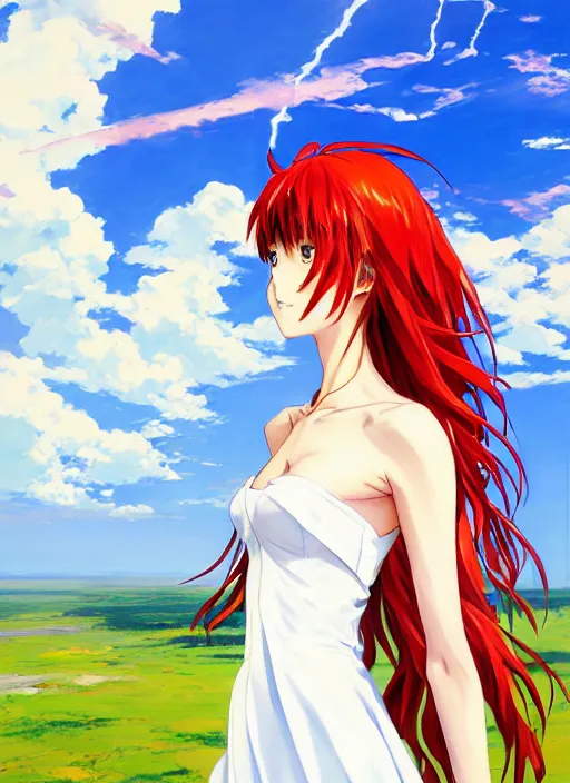 Image similar to portrait of Asuka Soryu Langley from Neon Genesis Evangelion with long wavy red hair in a white dress, countryside, calm, fantasy character portrait, dynamic pose, above view, sunny day, thunder clouds in the sky, artwork by Makato Shinkai and Giuseppe Dangelico Pino and Michael Garmash and Rob Rey, very coherent asymmetrical artwork, sharp edges, perfect face, simple form, 100mm