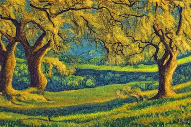 Image similar to masterpiece painting of oak trees on a hillside overlooking a creek, dramatic lighting, by dorothy p. lathrop