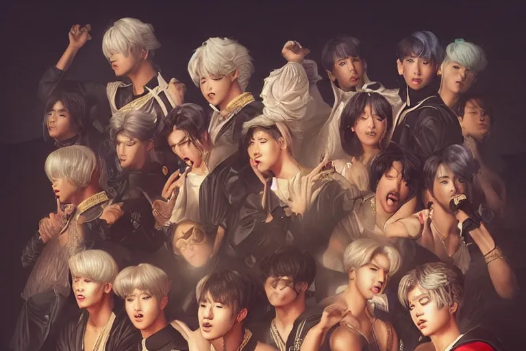 Image similar to an ultra detailed matte portrait of the bts singers in a baroque style, 8 k, volumetric lighting, smooth, highly detailed, digital illustration, art by greg rutkowski and akira toriyama and artgerm