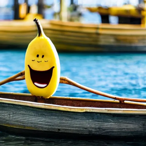 Prompt: friendly smiling banana in a boat