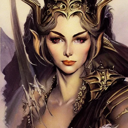 Image similar to elven queen character portrait by frank frazetta, fantasy, dungeons & dragons, sharp focus, beautiful, artstation contest winner, detailed