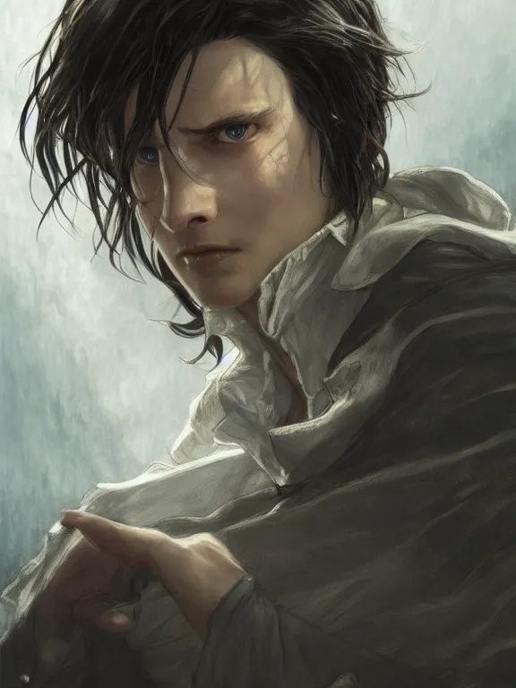 Image similar to levi ackerman, the lord of the rings, hyper detailed,, 8 k realistic, trending in artstation, digital painting, studio quality, cryengine, frostbite 3 engine, character design, smooth, sharp focus, art by artgerm and greg rutkowski and alphonse mucha and ian sprigger and wlop and krenz cushart