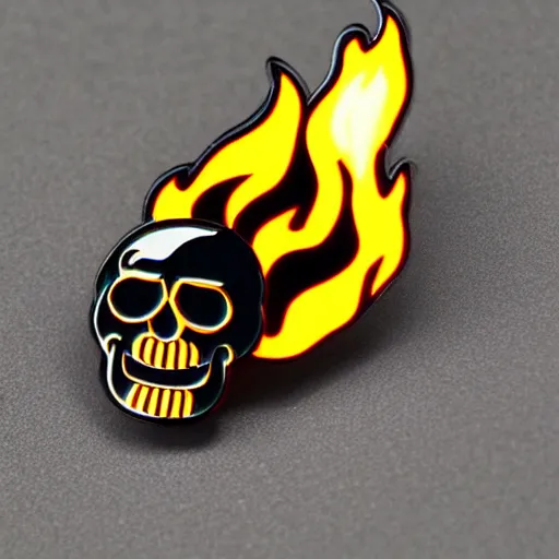 Prompt: a black and white retro minimalistic laughing joyful skull with fire flame enamel pin