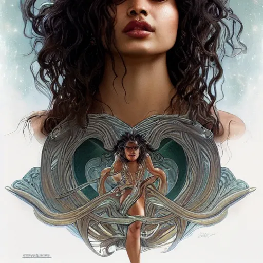 Prompt: Shanina Shaik as Medusa, frowning, scowl, snakes for hair, intricate, elegant, highly detailed, digital painting, artstation, concept art, smooth, sharp focus, illustration, art by artgerm and greg rutkowski and alphonse mucha