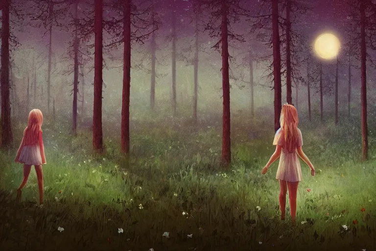 Image similar to giant daisy flower crown head, girl walking in forest, surreal photography, dark night, stars, moon light, impressionist painting, clouds, digital painting, artstation, simon stalenhag