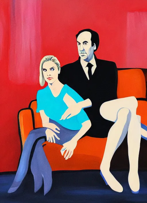 Image similar to jon hale painting of kim wexler and saul goodman sitting on couch, ominious, strange composition, visible brush strokes