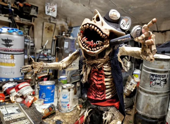 Prompt: a photo of an enraged angry skeleton in a cowboy costume shouting into a microphone in a dirty old garage filled with radio equipment and piles of beer cans