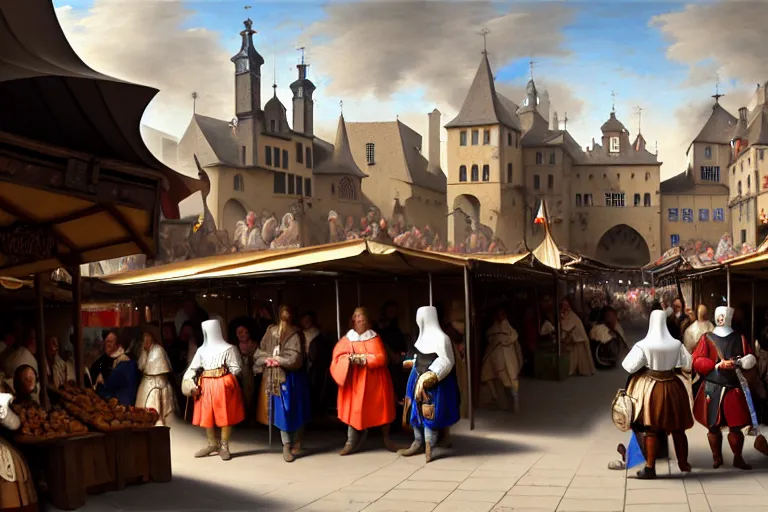 Image similar to A medieval market, between the products being sold are mobile phones, ear phones, laptops, and other devices!! Some people walking around, big depth of field, matte painting, trending on artstation, hyper detailed, sharp, baroque painting, painted by Velazquez