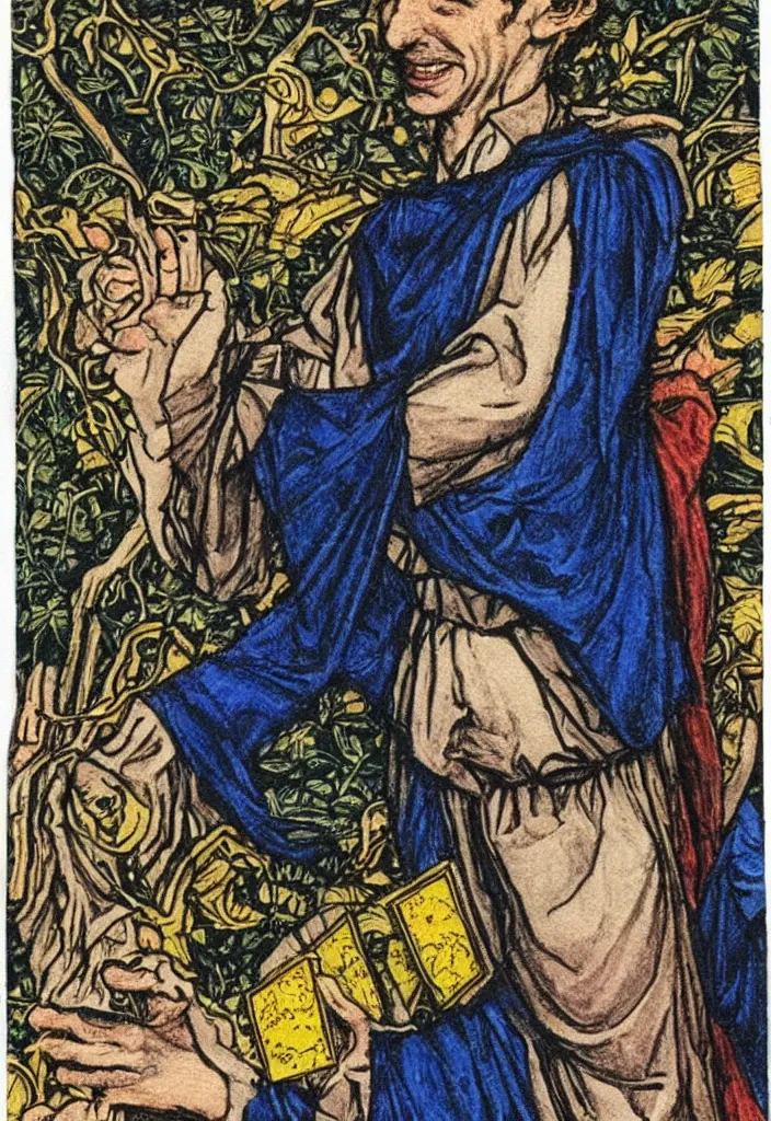 Image similar to Yoshua Bengio smiling drawn on the Tarot card. Illustration by preraphaelists.