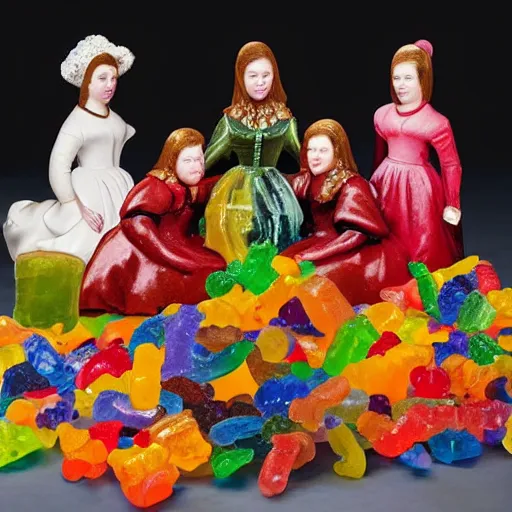 Prompt: Velazquez Las Meninas, candy, sculpted out of candy, gummy candies, gummy bears, gummy worms, colorful award-winning photo of candy, happy smiley