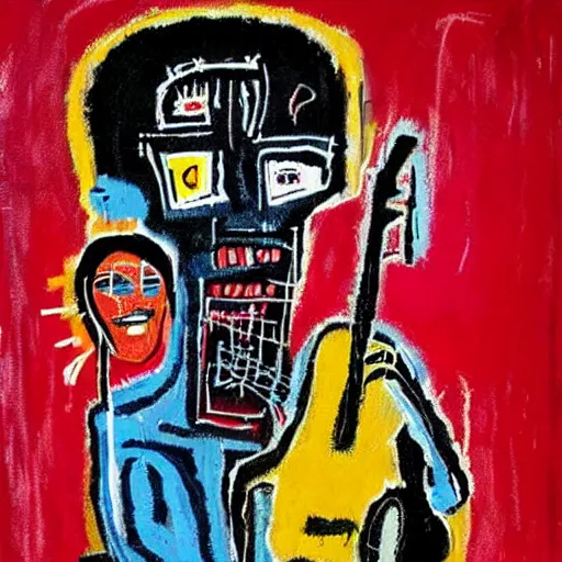 Prompt: an old lady playing jazz, style jean - michel basquiat, highly detailed, colorfull