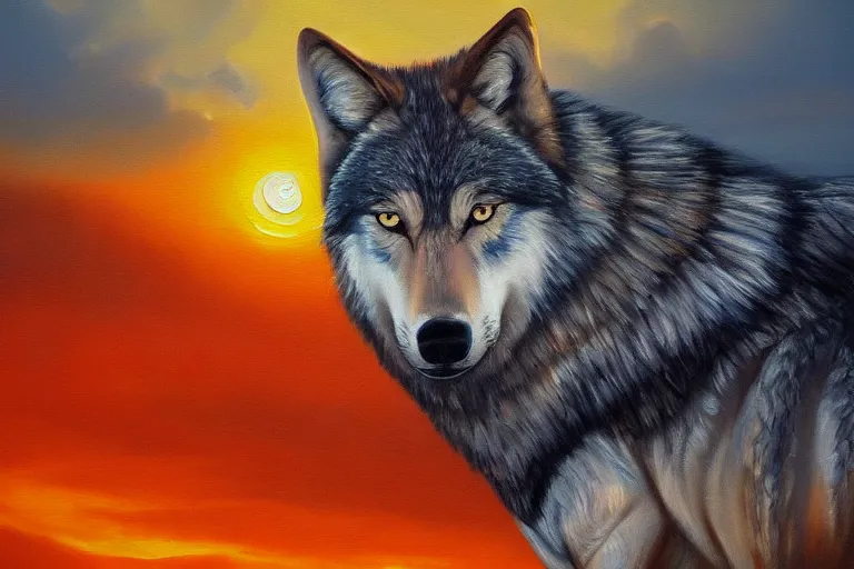 Prompt: wolf on the mountain, extremely detailed oil painting, sunset, orange gradient, 8k