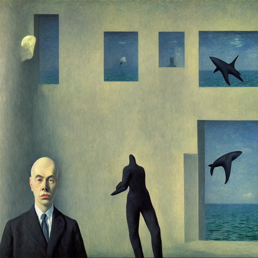 Image similar to self portrait of a shark humanoid man in an empty room, by rene magritte, monet, and turner