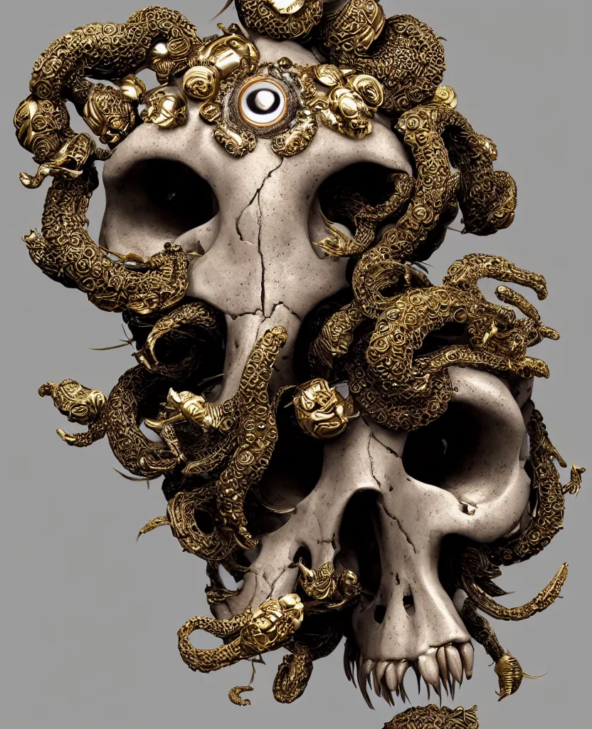 Image similar to goddess princess face close-up portrait ram skull. sculpture made of black clay and gold. jellyfish phoenix head, nautilus, orchid, skull, betta fish, bioluminiscent creatures, intricate artwork by Tooth Wu and wlop and beeple. octane render, trending on artstation, greg rutkowski very coherent symmetrical artwork. cinematic, hyper realism, high detail, octane render, 8k