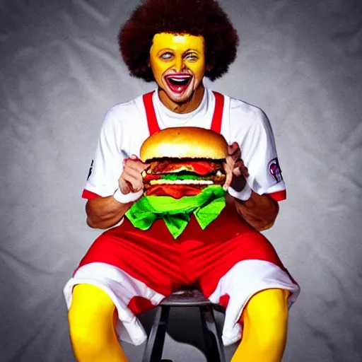 Prompt: Stephen Curry as Ronald McDonald eating a hamburger