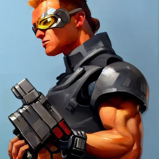 Image similar to greg manchess portrait painting of the terminator as overwatch character, aesthetic, medium shot, asymmetrical, profile picture, organic painting, sunny day, matte painting, bold shapes, hard edges, street art, trending on artstation, by huang guangjian and gil elvgren and sachin teng