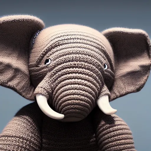 Prompt: a closeup photorealistic photograph of a cute smiling knitted baby elephant, professional capture, well lit shot. this 4 k hd image is trending on artstation, featured on behance, well - rendered, extra crisp, features intricate detail, epic composition and the style of unreal engine.