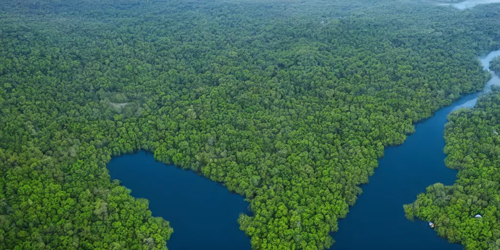 Image similar to areal view of peninsula, village, surrounded by two lakes, forest, national park, very detailed, 4 k, award winning photography