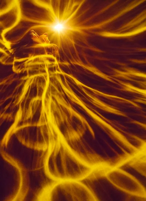 Image similar to female ascending into a void, radiating aura, motion blur, film grain, cinematic lighting, experimental film, shot on 1 6 mm, soft lighting