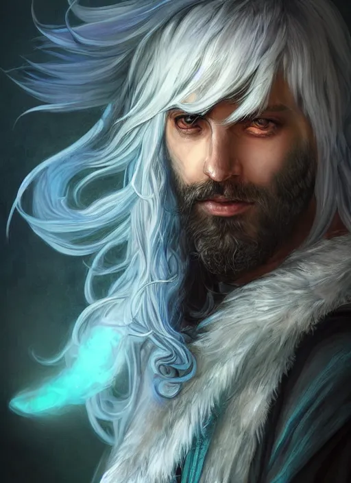 Prompt: Portrait of hexblade warlock aasimar, white glowing eyes, silver shaggy hair, short scruffy beard, cloak, teal ethereal tendril wings, male, fantasy, extremely detailed, digital painting, artstation, concept art, smooth, sharp focus, illustration, stunning lighting, art by artgerm and greg rutkowski and alphonse mucha and simon stalenhag, realistic character concept, high fantasy, light atmosphere, golden ratio, cinematic lighting, hyperdetailed, high resolution, insanely detailed and intricate, artstation, Marc Simonetti, Greg Rutkowski