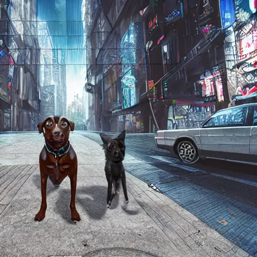 Image similar to a hyperrealistic cyberpunk dog, extreme wide shot