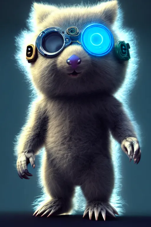 Image similar to high quality 3 d render sci - fi very cute fluffy! wombat!! cyborg soldier with futuristic mechanical parts, cyberpunk monocle!, highly detailed, unreal engine cinematic smooth, in the style of detective pikachu, hannah yata charlie immer, dark blue neon light, low angle, uhd 8 k, sharp focus