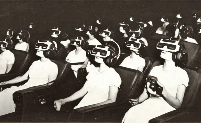 Image similar to 1 9 0 0 s photo of people wearing virtual reality headsets vr in a movie theater masterpiece old photograph